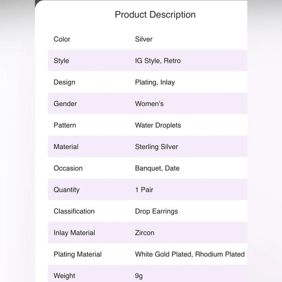 925 Sterling Silver White Gold Plated Rhodium Plated Drop Earrings - Picture 4 of 8